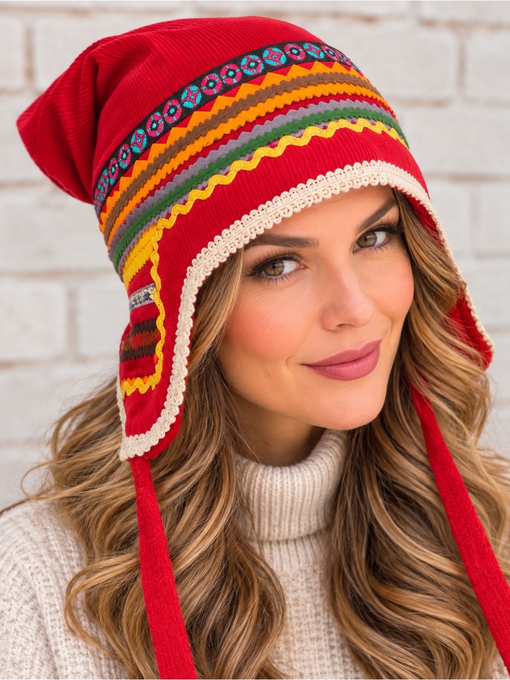 Vintage Red Corduroy Folk Art Earflap Hat Embroidered Trim Pointed Cap